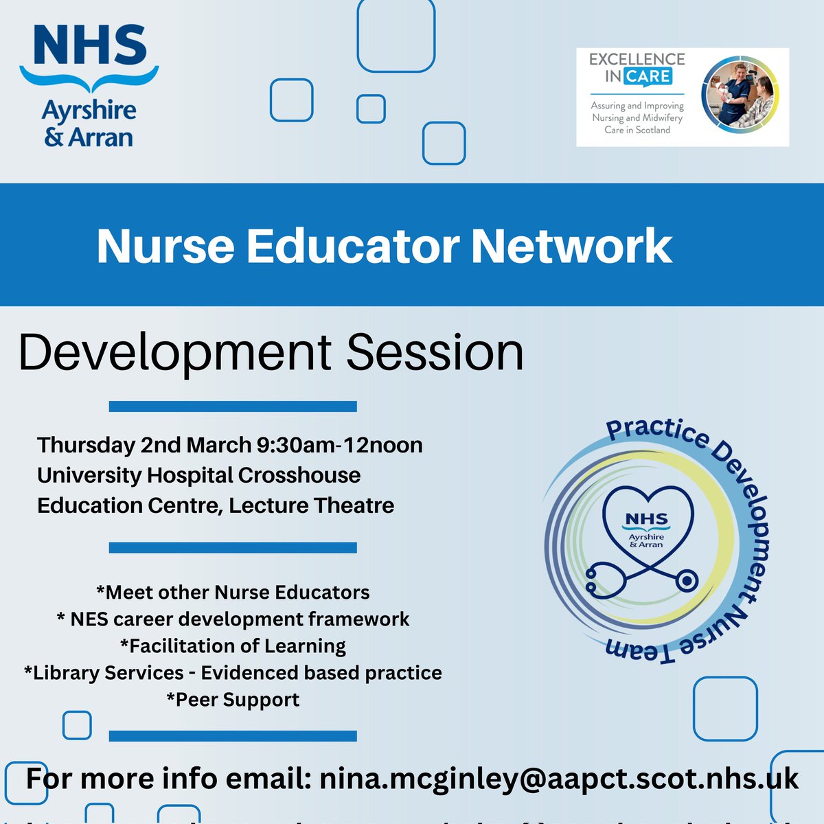 Are you a nurse/midwife in @nhsaaa and facilitate learning as part of your role? Come along to @PD_nursesEiC first Nurse Educator Development Session & meet other educators #sharedlearning #sharedknowledge #peersupport #resources