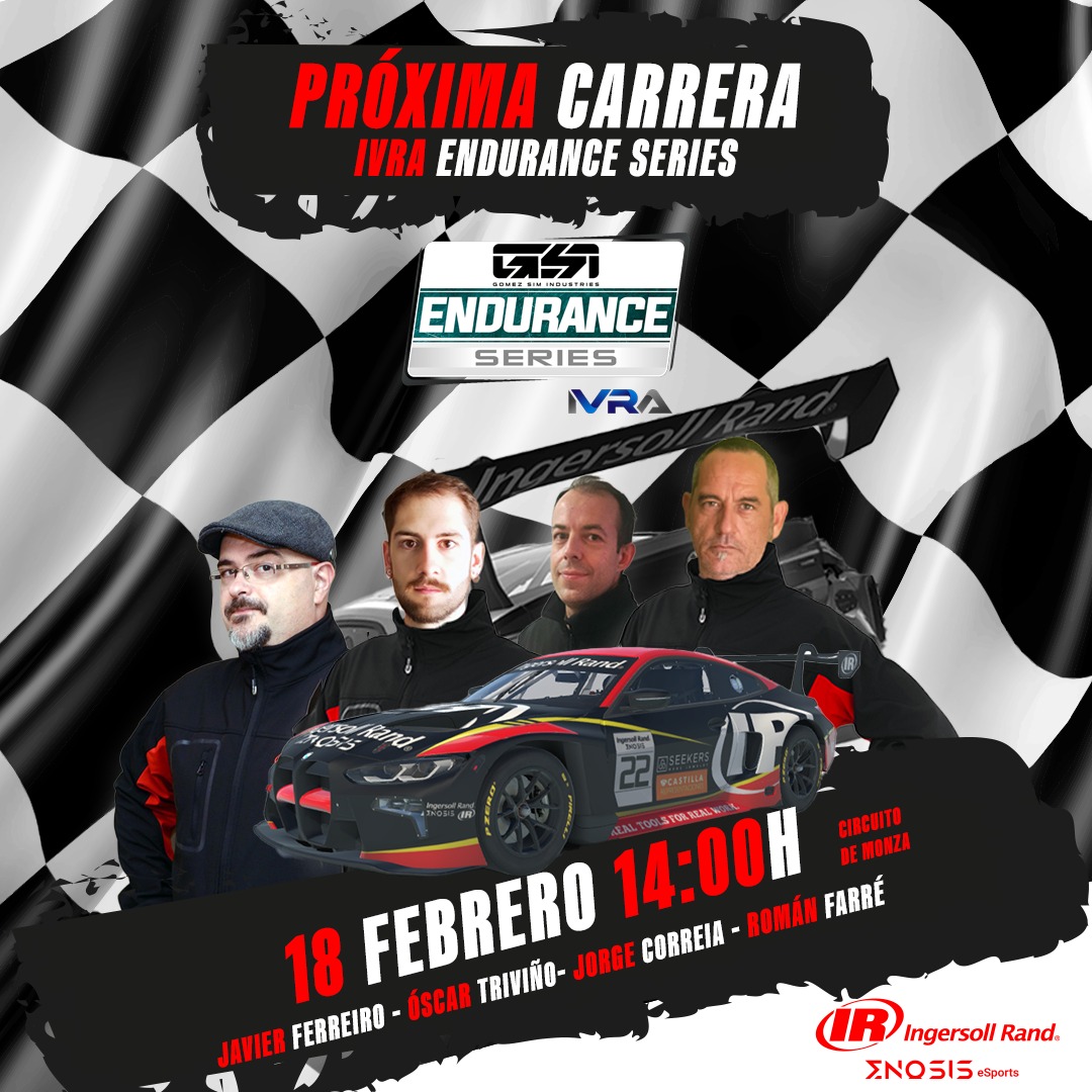 A few hours to start the <a href="/gomezsimracing/">GSI</a> <a href="/IVRALeague/">IVRA</a> 1500km of Monza! We wish our drivers Javier Ferreiro <a href="/tuti3434/">tuti34</a>, Oscar Domínguez <a href="/oscard96/">Er Trivii  ∆</a>, Jorge Correia <a href="/antizyklon/">Jorge Correia</a> and Román Farre <a href="/73malasangre/">73malasangre</a> best of luck and see you at the finish line!!!📺youtube.com/watch?v=eDrjE6… #iracing