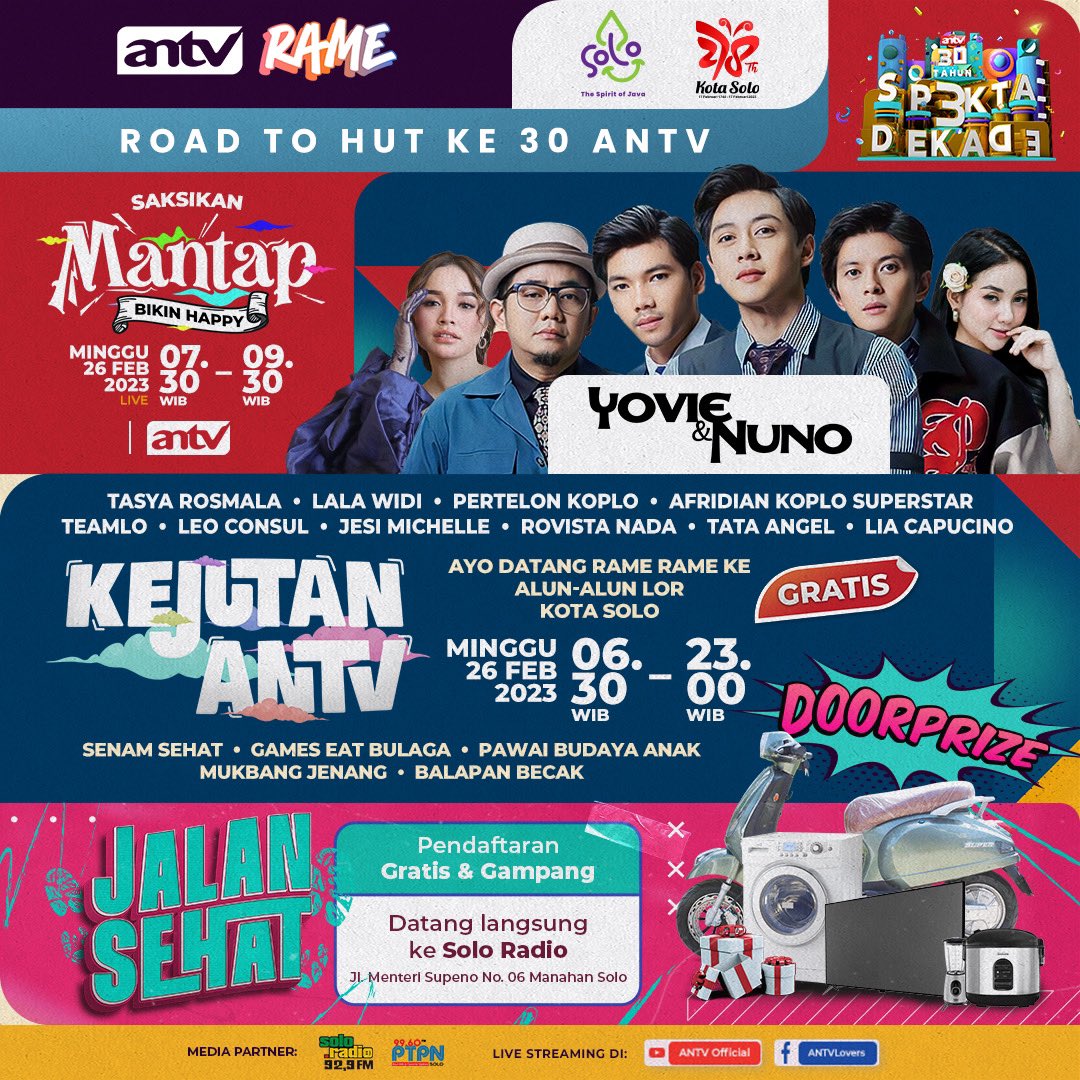 Halo warga SOLO ijinkan kami menghibur kalian di Kejutan ANTV.

Permisi Mas Wali 🙏 <a href="/gibran_tweet/">Gibran Rakabuming</a> 

- Minggu 26 Feb 2023
- Alun-alun LOR kota Solo

GRATIS!! 

#KejutanANTV #KejutanSolo #ANTVrame