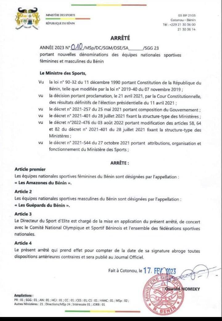 C'EST OFFICIEL !!! 

LES GUÉPARDS DU BÉNIN ( Équipes Nationales Sportives Masculines) 

LES AMAZONES DU BÉNIN ( Équipes Nationales Sportives Féminines)
#waxeho #Benin #caf #Msp #FBF