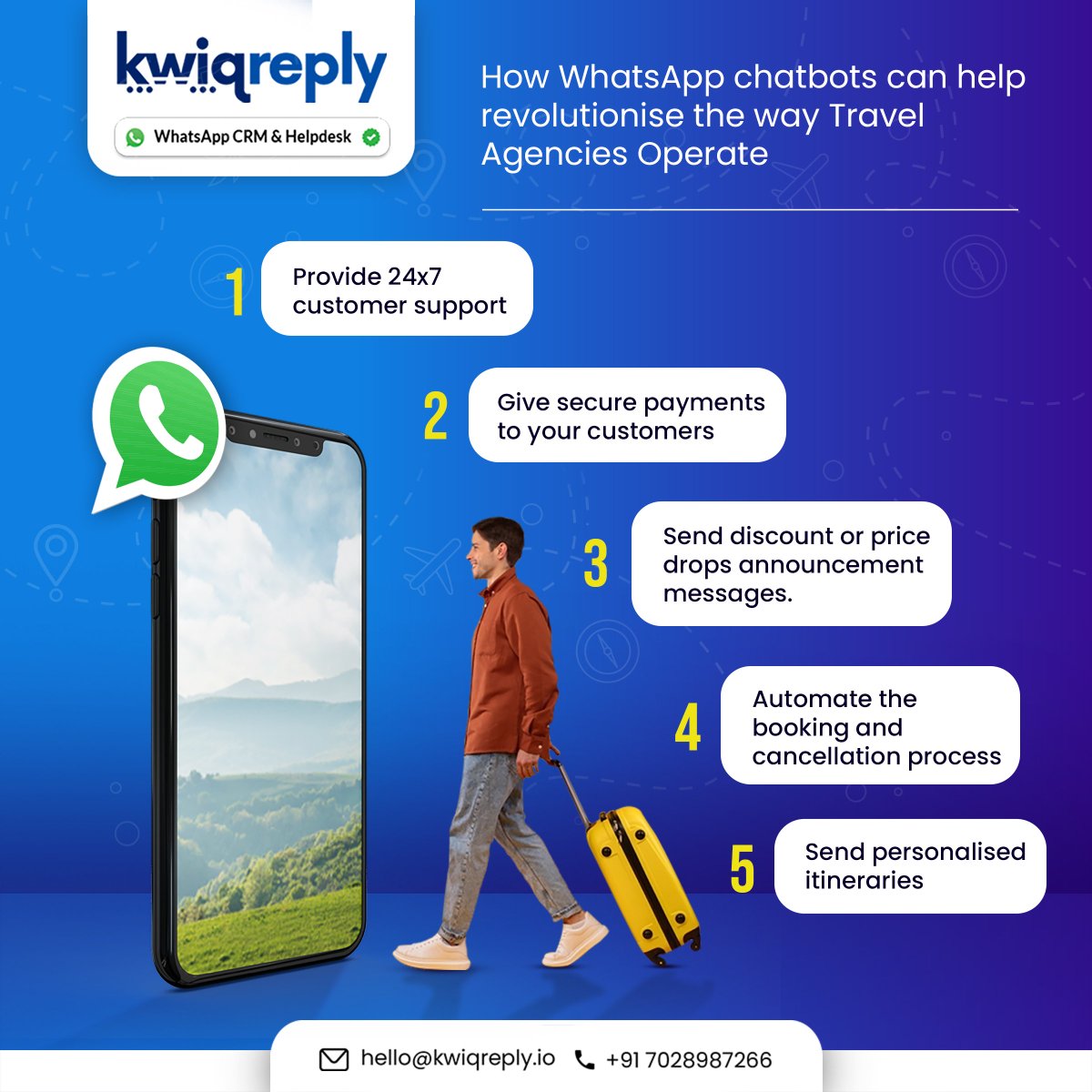 Discover how WhatsApp Business API is transforming the way travel agencies operate.

Book your free demo now- calendly.com/kwiqreply-wa/w…

#Traveltech #Chatbotrevolution #Futureoftravel #whatsappbusinessapi #whatsappchatbot #kwiqreply