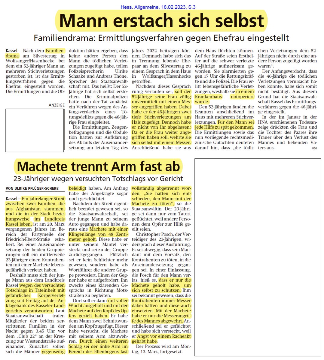 horn_helmut's tweet photo. Brutale Taten mit #Messer als #Tatwaffe mittlerweile Alltag? So beginnt die Zeitungslektüre am Wochenende. Beide Artikel auf derselben Seite! https://t.co/CrK6X49qoe