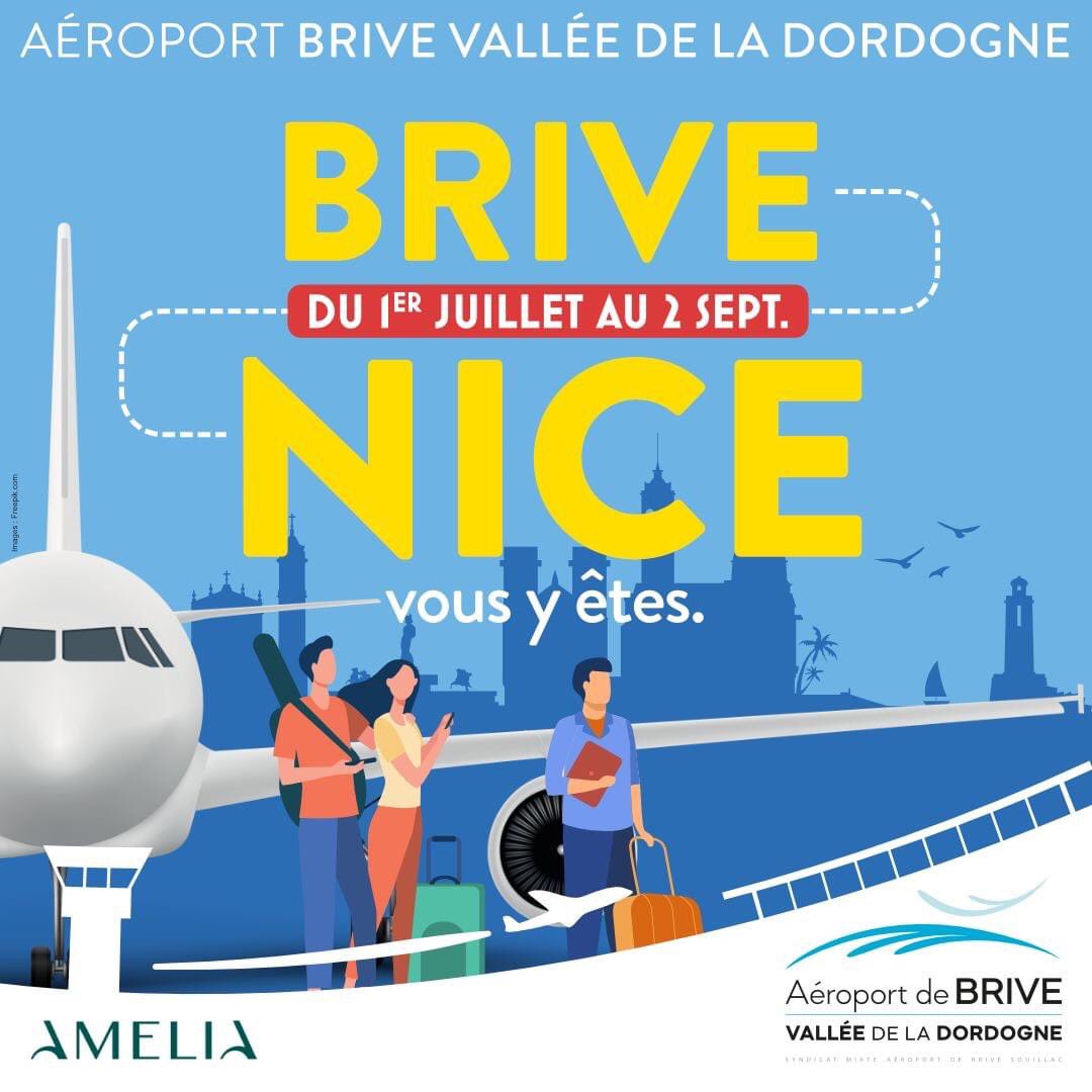 FlyingBrive's tweet image. ✈️ Les vols saisonniers pour #Nice sont de retour tous les samedis du 1 juillet au 2 septembre 2023 avec @FlyAmelia_com au départ de l' @FlyingBrive 

🌐 aeroport-brive-vallee-dordogne.fr

#volsreguliers  #Brive