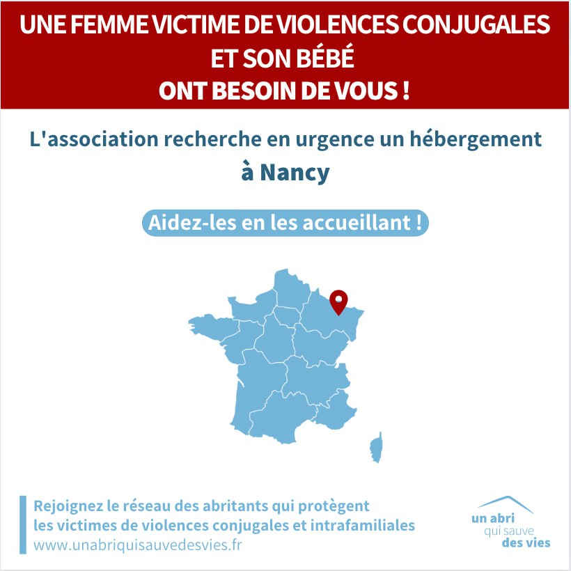 abriquisauve's tweet photo. ⚠️ URGENCE VIOLENCES CONJUGALES ⚠️

L'association est à la recherche d'un hébergement le plus vite possible autour de 📍#Nancy pour une femme victime de #ViolencesConjugales et son bébé.

Pour les aider, vous pouvez les accueillir quelques jours.

1/2 https://t.co/7MRcQDR1kW