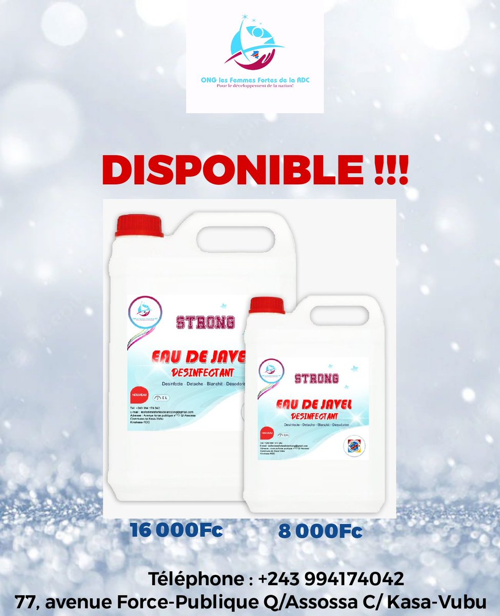 FemmesFortesRDC's tweet photo. L'ONG Les Femmes Fortes de la RDC vous propose de l'eau de javel made in DRC à un bon prix! #Autonomisationdelafemmecongolaise #Entrepreneuriatfeminin #Creationdemplois https://t.co/E2wAntLqV6