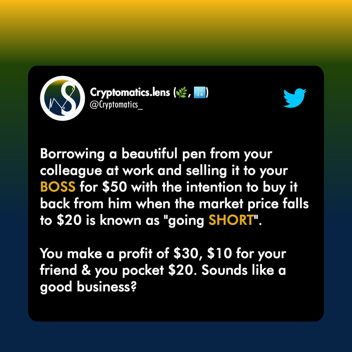 cryptomatics_'s tweet image. How would you have split the profits better with your colleague/friend at work?
Tell us in the comment.
👇👇

Retweet this post &amp;amp; FOLLOW us on Lens: ➡️ lenster.xyz/u/cryptomatics

#CrackTheCodes with @Cryptomatics_
#Crypto #Web3 #Blockchain #Bitcoin #Ethereum #futurestrading