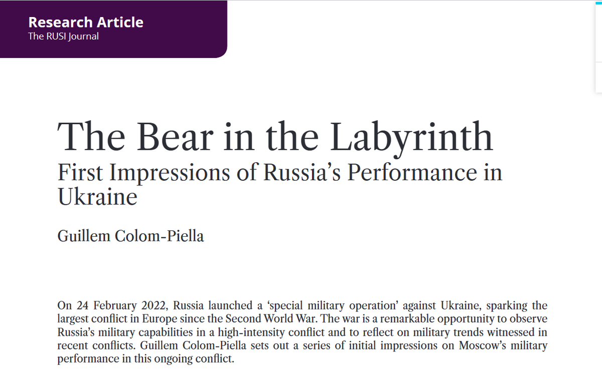 My latest article "The Bear in the Labyrinth: first impressions of Russia's Performance in Ukraine", just published in #RUSIJournal (<a href="/RUSI_org/">RUSI</a>) tandfonline.com/eprint/DJM3QCM…