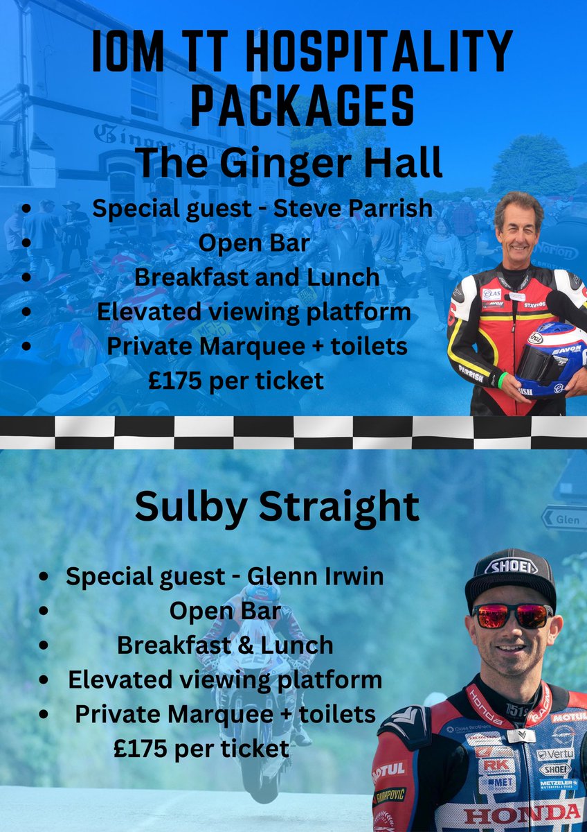 Coming to the TT this year? Treat yourselves to one of our mega hospitality packages! With special guests <a href="/Stavros6/">Steve Parrish</a> and <a href="/GIrwinRacing/">Glenn Irwin</a>  email ben@thegingerhall.co.uk to book!
