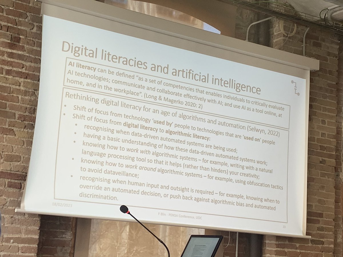 #pensa23 <a href="/UOCuniversitat/">UOCuniversitat</a> Keynote speaker Prof. Françoise Blin of <a href="/DCU/">Dublin City University</a> looks at AI literacy - coping with the shift from technology used *by* people to technology use *on* people