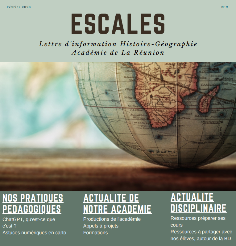 histgeoclement's tweet photo. Sortie n°9 (déjà🤗) d'Escales🥳, la lettre d'infos HG de @AcLaReunion. Avec des conseils ChatGPT, des outils de 🗺️, des jeux🎲 ou comment suivre l'actu.📰 de nos disciplines et même une invite à lecture(s) BD💬Aux manettes Sophie Le-Bourg et Marie Vannier 👩‍🎨 !! #TeamHG https://t.co/t8R6xtnXGB