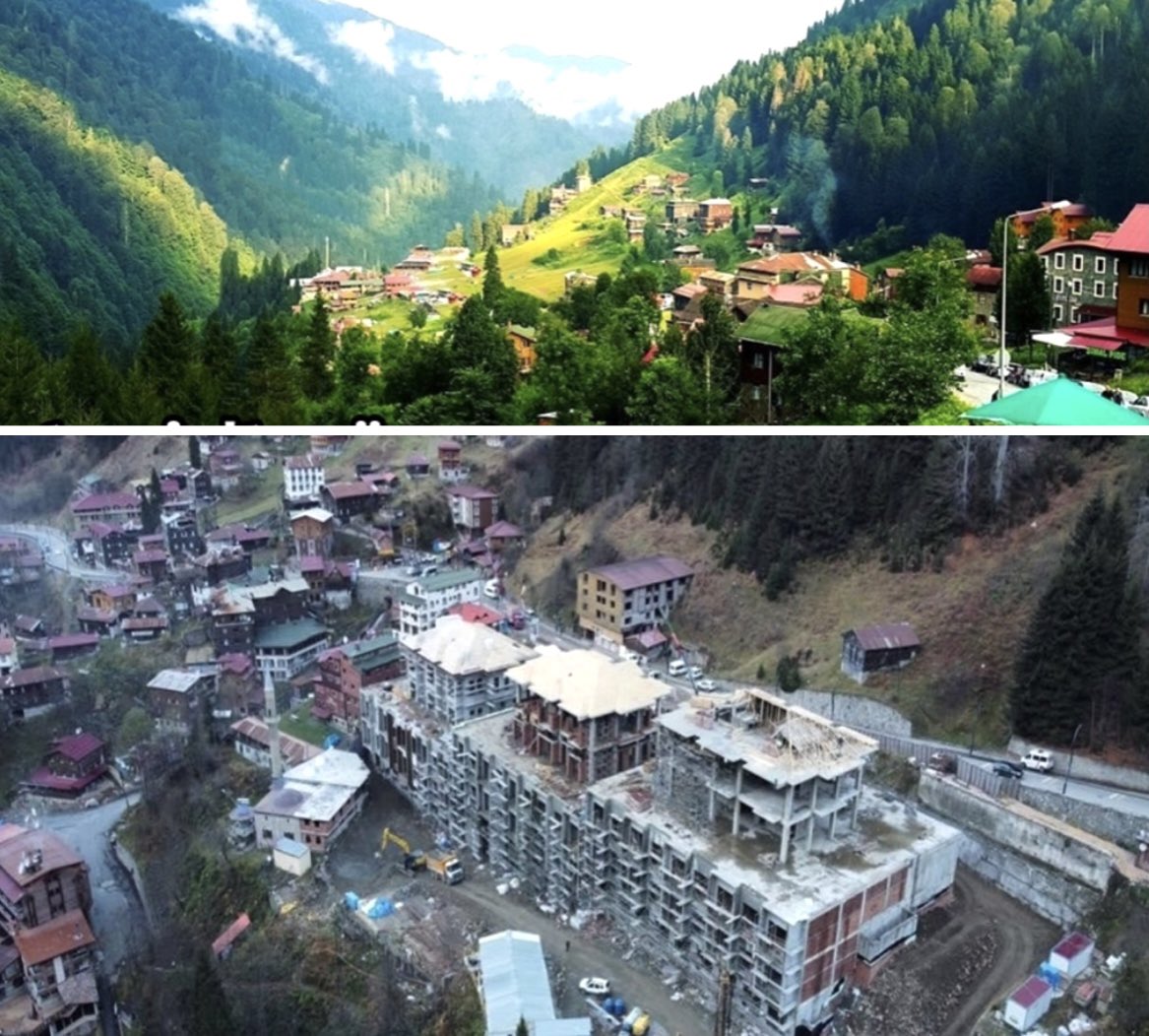 1998’de, muhteşem bir yaylaya gitmiştim Trabzon’un tepelerinde, AYDER’di! Üstteki fotodaki gibi, cennet köşelerden biriydi.. 2022 yılında çekildi o köşeden bir foto. CEHENNEME çevirmişler.. Türkiye’nin dört bir köşesini inşaat cehennemine çevirdikleri gibi. Bir kalp yarası daha!