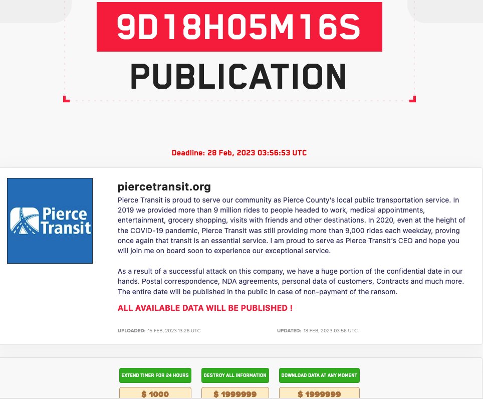 _venarix_'s tweet photo. #Lockbit #ransomware group claims to have #hacked #PierceTransit (@PierceTransit), an public transit operator in Pierce County, Washington, ๐บ๐ธ. The #cyberattack may have occurred on or around Feb 14, according to the company's Tweet below ๐... https://t.co/MXJQr8AwZ7