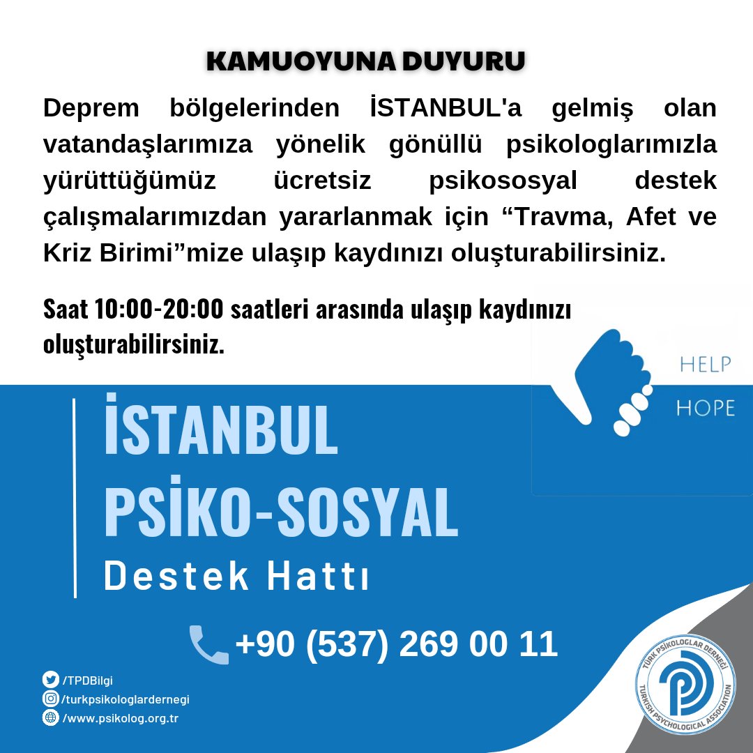 TPDBilgi's tweet photo. Deprem bölgelerinden İSTANBUL'a gelmiş olan vatandaşlarımıza yönelik gönüllü psikologlarımızla yürüttüğümüz ücretsiz psikososyal destek çalışmalarımızdan yararlanmak için “Travma, Afet ve Kriz Birimi”mize ulaşıp kaydınızı oluşturabilirsiniz.
(1)
@istanbulTPD https://t.co/kVPxBSEe8s