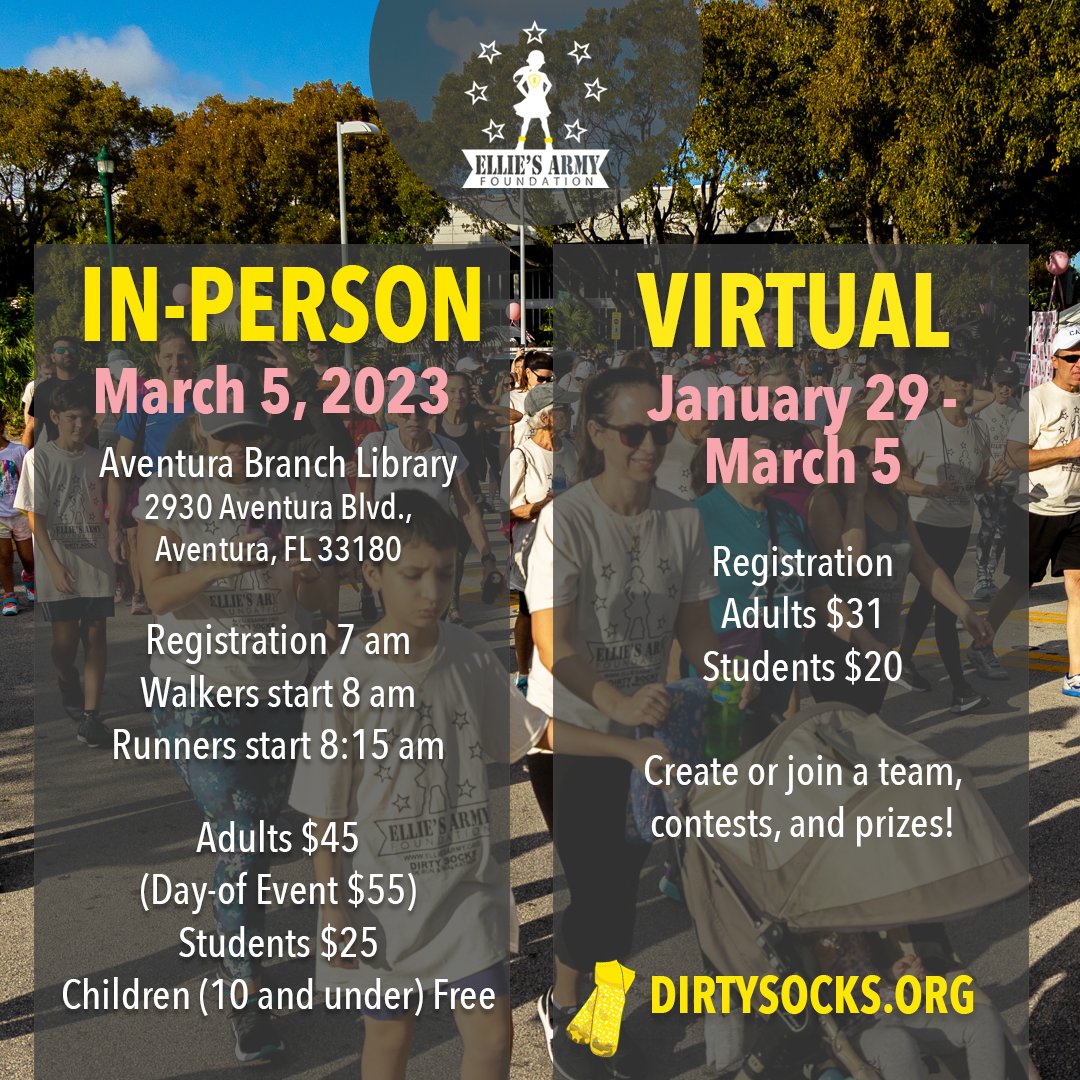 Elliesarmyfdn's tweet photo. You + Ellie's Army= Life-saving support for families of critically ill kids
Sign up for our annual Dirty Socks 5K Run &amp; Walkathon. Our virtual race is live, and our in-person event takes place on March 5th! Visit the link in our bio to register! https://t.co/6iRMtYZsEy