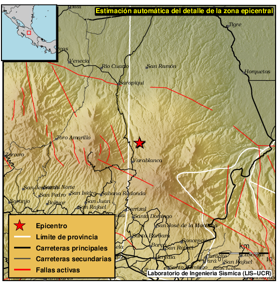 A las 02:24 am se presentó un sismo con M5.3 unos 4 km al NNE de Varablanca de Heredia. Esta figura muestra el detalle de la zona epicentral.