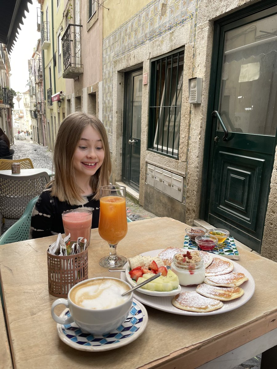 They do a decent breakfast in #Lisbon. A happy Heidi agrees #travelwithkids