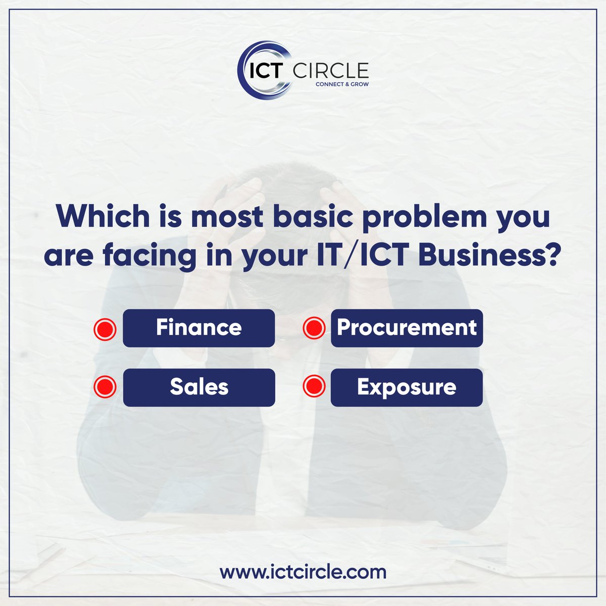CircleIct's tweet photo. What is hindering your business' growth?
Comment the challenges and we will help you with solutions!
Join https://t.co/qSUtyQimR2 to know more.
#ictcircle #ict #b2bplatform #business #basicproblems #finance #procurement #sales #exposure https://t.co/ii4adpPXNX
