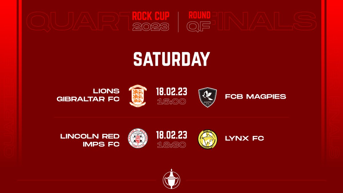 GibraltarFA's tweet photo. Rock Cup Quarter Finals 🏆

Lions Gibraltar FC take on FCB Magpies at 16:00, before Lincoln Red Imps FC go head-to-head with Lynx FC in today's Rock Cup QF action ⚽ https://t.co/fb2gNsPIeK