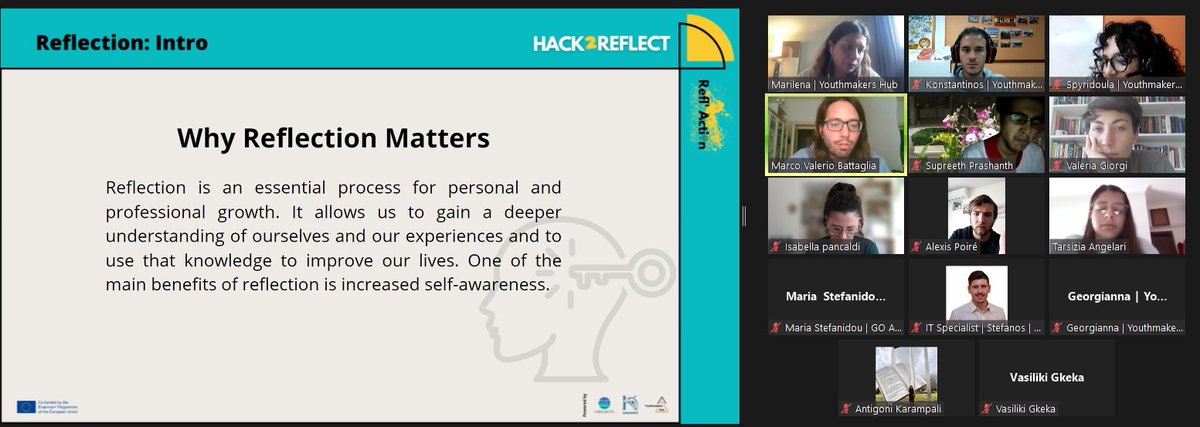 youthmakershub's tweet photo. During the Hack2Reflect | Refl’Action Online Hackathon, MarcoValerio from @ASDKamaleonte is explaining now why #Reflection matters.
He's discussing how reflective activities can improve our daily lives and help us overcome challenges.
#Hack2Reflect #ReflAction #YouthmakersHub https://t.co/ez920zxdT4