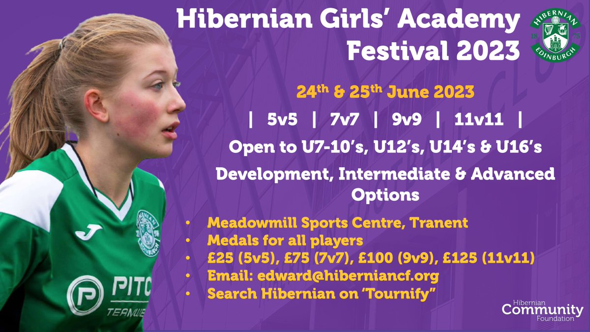 Summer Festival 🌞 | We are delighted to announce the #HFCGirlsAcademy Festival for June 24th/25th 2023! 

• 5v5, 7v7, 9v9 &amp; 11v11
• U10's - U16's
• Dev, Intermediate &amp; Advanced Groups
• Minimum 5 games per team

📧: edward@hiberniancf.org
📲: Search Hibernian on "Tournify"