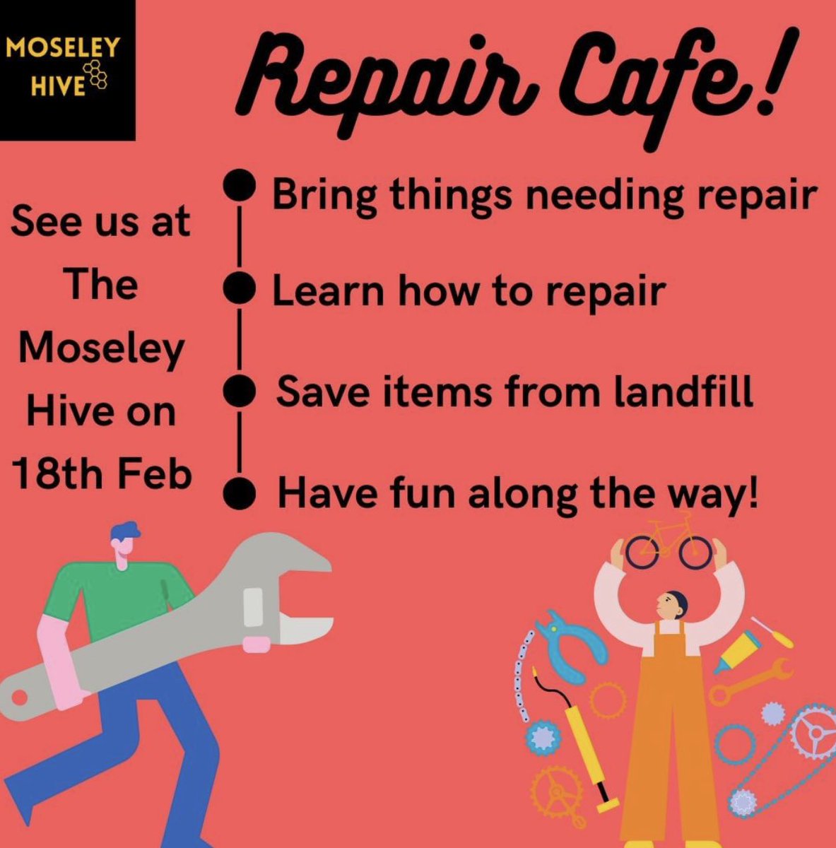 📣 1-3pm Moseley Hive Repair Cafe A bike that needs a small fix? Radio that’s not working? Trousers with a hole? Bring along your items that need repair and see one of our repairers. They’ll work with you to see if we can fix the item and save things from landfill. #Moseley