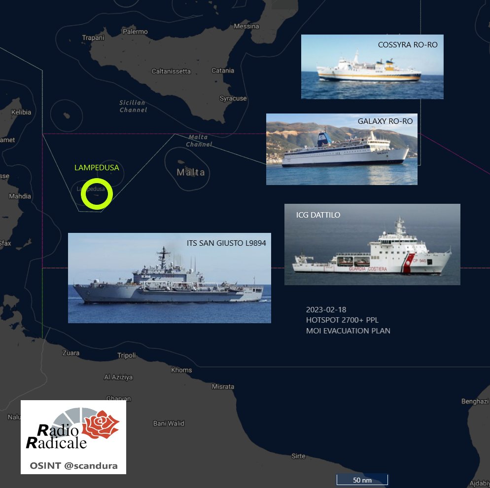 scandura's tweet photo. 🔴 2800+ Persone
Boom hotspot #migranti #Lampedusa
Imponente piano di evacuazione con navi Marina e Ro-Ro.
600 🚢#NaveSanGiusto⚓️🇮🇹
600 🚢#CP941 #Dattilo ⚓️🇮🇹
441 🚢#Galaxy 🇮🇹
19/02
110 🚢#Galaxy 🇮🇹
250 🚢#Cossyra 🇮🇹
20/02
110 🚢#Galaxy 🇮🇹
📣via Radio Radicale 11:07
🔢🧵 https://t.co/24EJhH7HBY