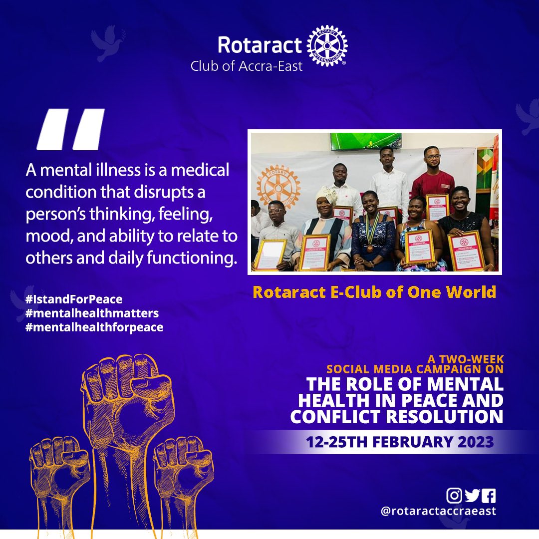 rocaccraeast's tweet photo. A MENTAL ILLNESS IS A MEDICAL CONDITION THAT DISRUPTS A PERSON’S THINKING, FEELING, MOOD AND ABILITY TO RELATE TO OTHERS AND DAILY FUNCTIONING

#IstandForPeace
#Mentalhealthmatters
#Mentalhealthforpeace https://t.co/hCp62HIbKu