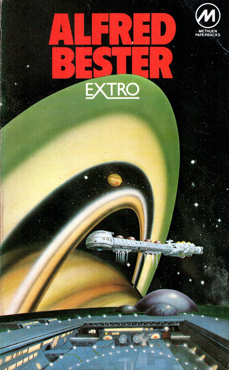 Ranaroth2's tweet photo. Alfred Bester, Extro, Methuen, 1976. Cover: Chris Moore. Moore's first SF art cover. Serialized as The Indian Giver, Analog , 1974, published as The Computer Connection. #BookCover #AlfredBester #ChrisMoore #Methuen #computer #connection #extro #70sscifiart https://t.co/U91OGIrhL9