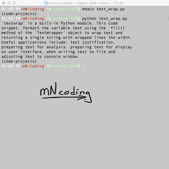 n_mbachia's tweet image. Wrap your text like a pro with Python's built-in textwrap module! Whether you're working on a script or formatting your output, #Python's textwrap makes it easy to achieve clean, well-organized text. #codingtips #textprocessing #programming