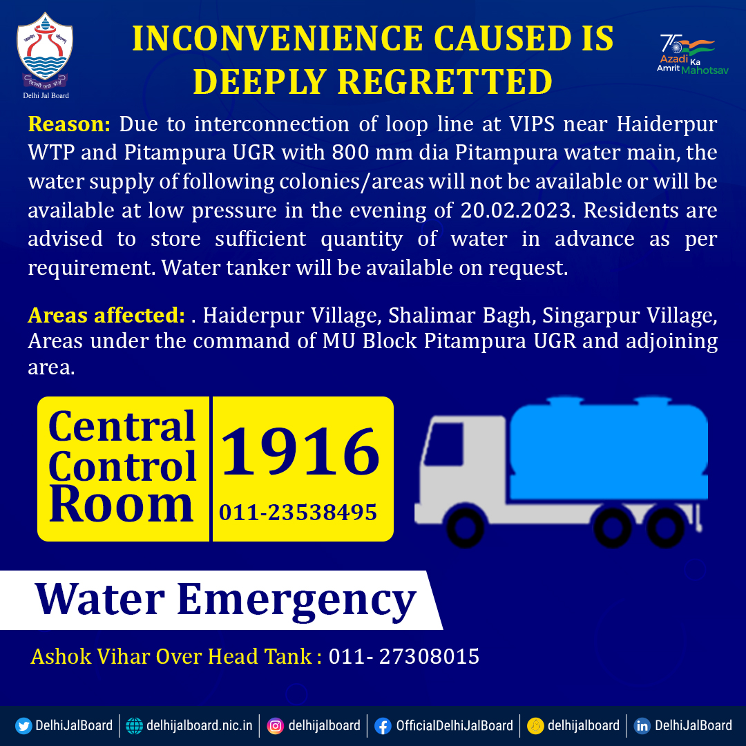 DelhiJalBoard's tweet photo. Water supply of the following colonies/areas will not be available or will be available at low pressure in the evening of 20/02/2023.

#DJBWaterAlert #DJB4U #DJBMissionMode https://t.co/P27NycOJAZ