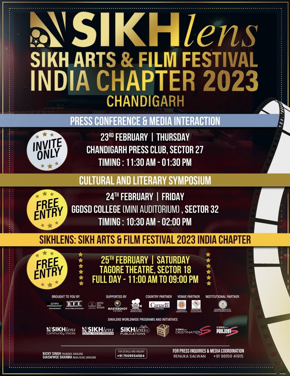 SikhLens's tweet image. Save the dates for #SikhlensINDIA2023 
For details and a complete program schedule, visit:
bit.ly/SikhlensINDIA2…

📅23rd to 25th # February 2023

#Sikhlens #Chandigarh #FilmFestival
#RedCarpet attending Sikhlens: Sikh Arts &amp;amp; Film Festival 2023 (India Chapter, Chandigarh).