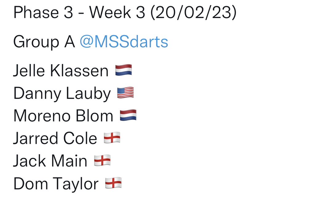 morenblom's tweet photo. Nice to be back at the @ModusDarts180 @MSSdarts super series next week in this great group. Think this would be the fastest group ever in the series 😂💪🏻 #fkdarts #dartwinkelmijdrecht #punkpoints #oranjebar https://t.co/QvXi3rPwF5