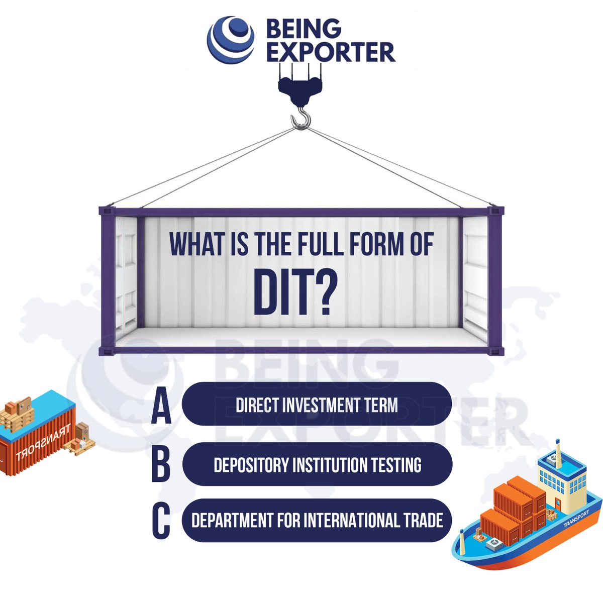 being_exporter's tweet photo. Ready to find out how much you know? Let us know the right full form of “DIT” in the comment section. 

#quiztime #DIT #exportimport #export #import #importer #logistics #shipping #business  #exportimport #transportation #importexport #BhagirathGoswami #beingexporte https://t.co/Ggr9DgFEFh