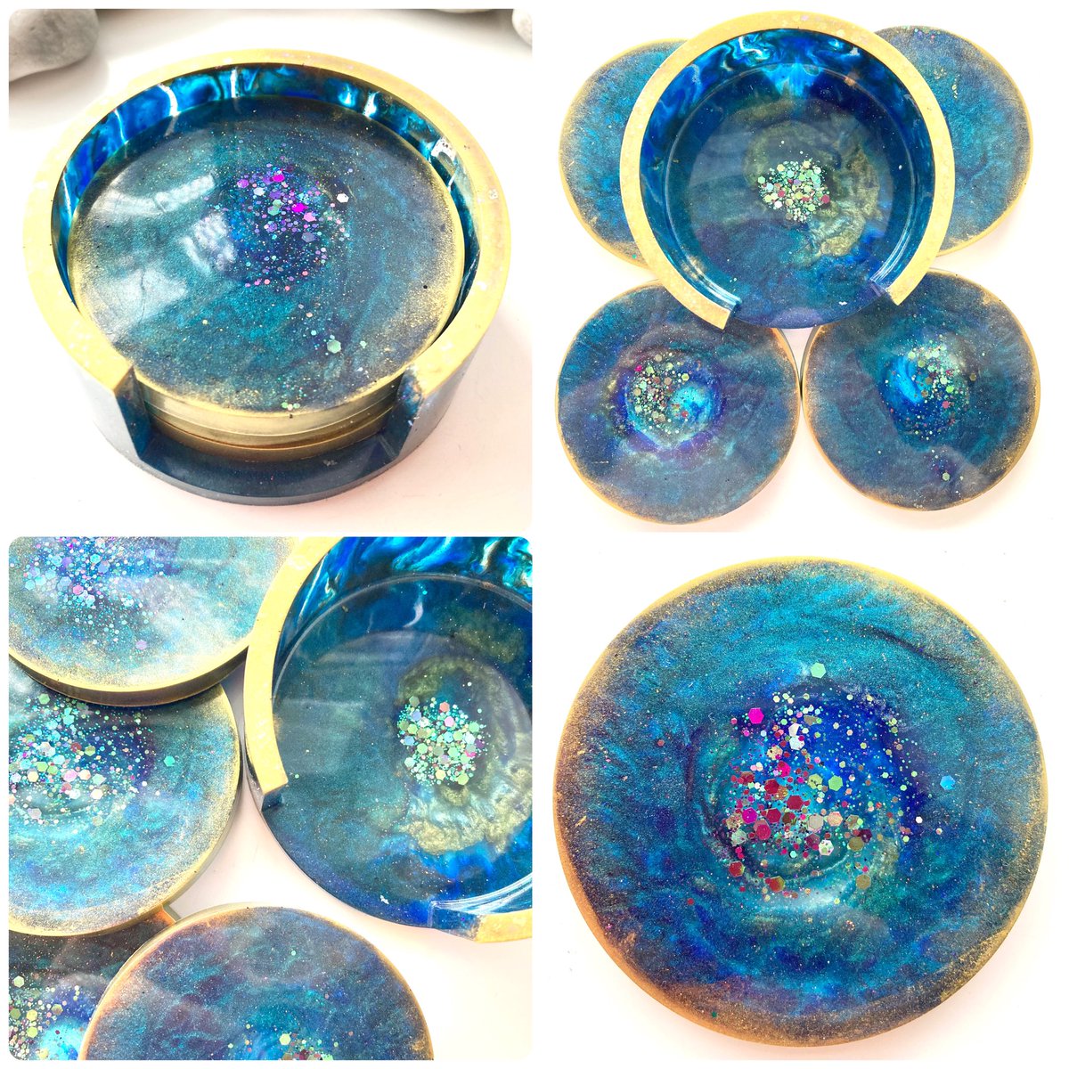Brand NEW resin coasters, come in a set of 4 with matching holder. Colours of shimmery green, indigo, turquoise &amp; blue, with hints of sparkly glitter and gold edging: etsy.me/40ZTsoV #UKGiftAM  #shopindie #ukgifthourpower #MothersDay #onlinecraft #mhhsbd