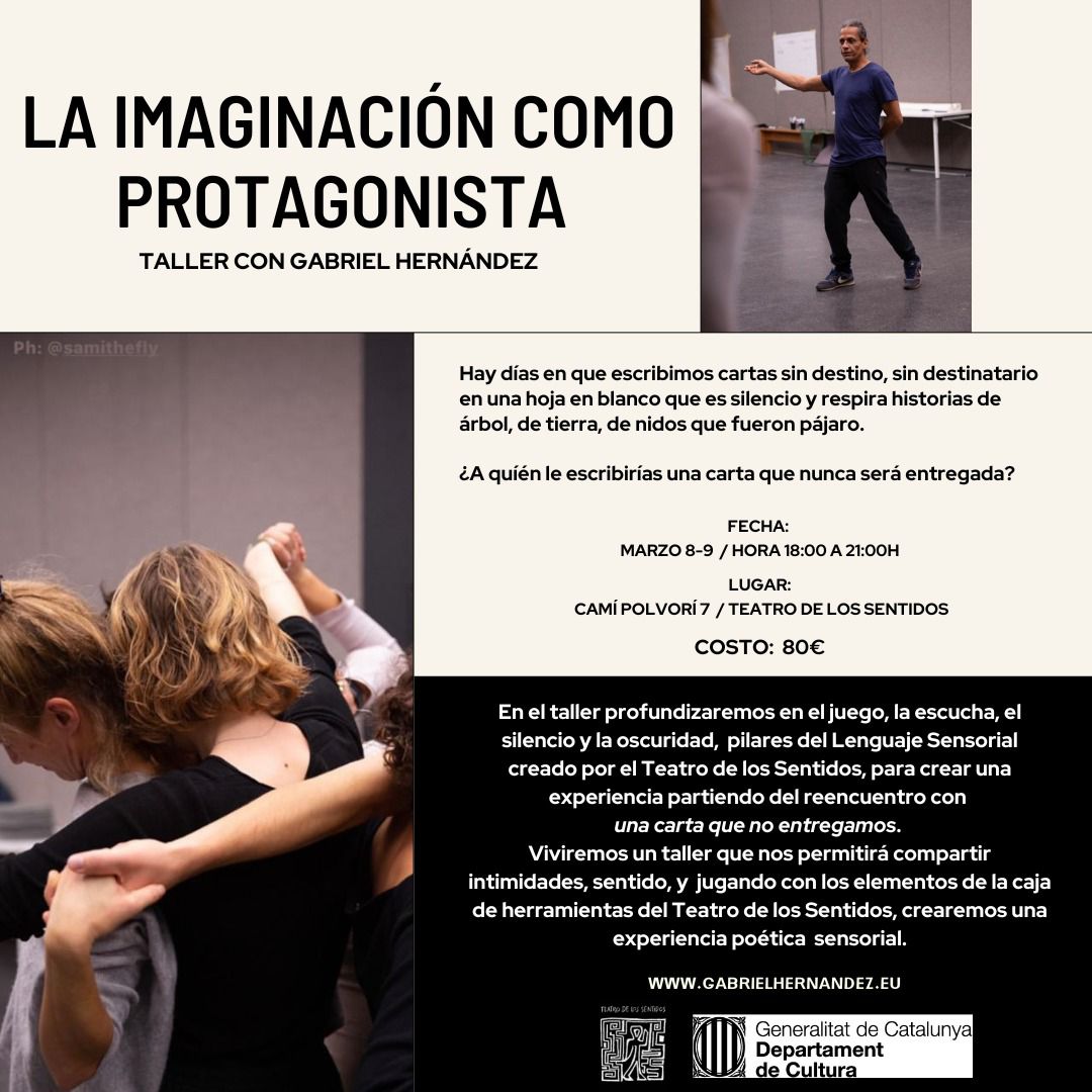 hello dear friends, open inscriptions to the course introduction to sensory theatre language,  the imagination as protagonist!,  don't miss this opportunity to give yourself a chance to experience the poetics of the senses. 
info@teatrodelossentidos.com