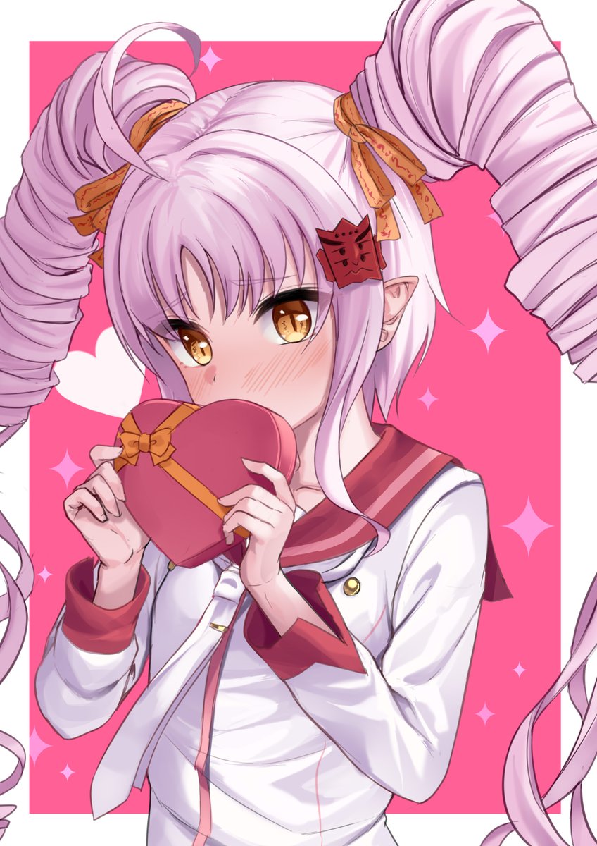 1girl solo box blush ribbon holding heart-shaped box  illustration images