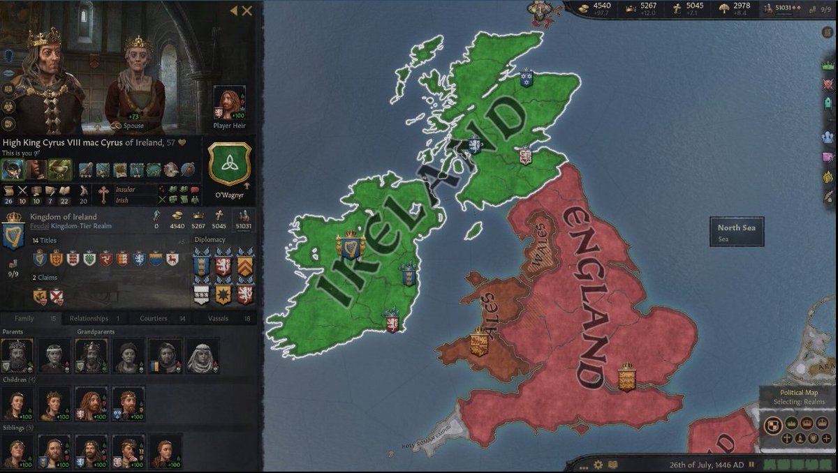 tabbyIynx's tweet photo. Started from the bottom, now we here. From the Duke of Connacht to the Emperor of Ireland, absorbing many kingdoms. Had to fight a 50+ year civil war with my shoddy cousins to finally secure the domain. To be fair, started this game with no time limit, hence the year is 1831. https://t.co/sy0gqYpXVY