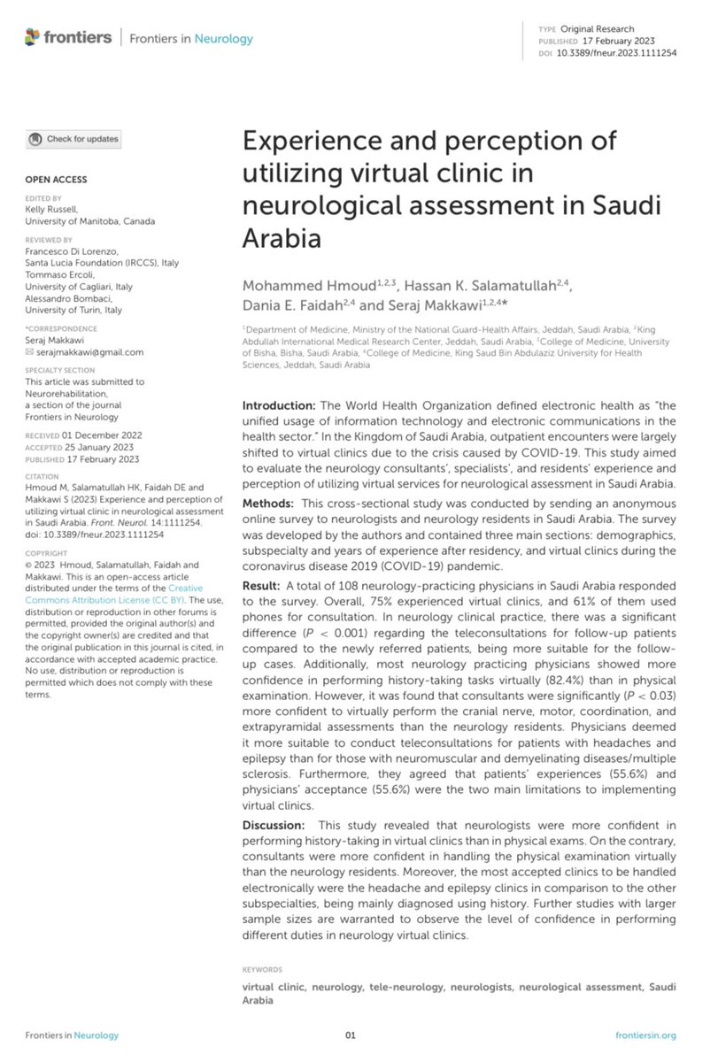 Dr_Makkawi's tweet photo. دراسة استبيانية لأكثر من ١٠٠ مختص في طب الأعصاب في المملكة نشرناها حديثا تدل امكانية استخدام الطب الاتصالي في عيادات المخ والأعصاب خاصة في المتابعات الدورية للمرضى وبعض التخصصات الدقيقة كالصرع والصداع .. نحتاج إلى التدريب وتنمية المهارات لمواكبة التطور السريع في عالم التقنية https://t.co/UIR1QqsRFD
