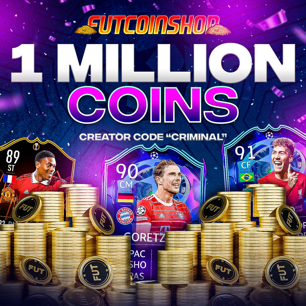 Criminal__x's tweet photo. 🚨🌟 RTTF 1 MILLION COINS GIVEAWAY!
How to enter:

1. RT 🔁 this tweet 

2. Follow @FUTCoinShop and @Criminal__x ✅

🚨Bonus Entry👇

1. Sign up at https://t.co/fkTsiyxcUK with creator code “Criminal” and reply with a screenshot!

GOODLUCK! https://t.co/xbJ5lmUsnS