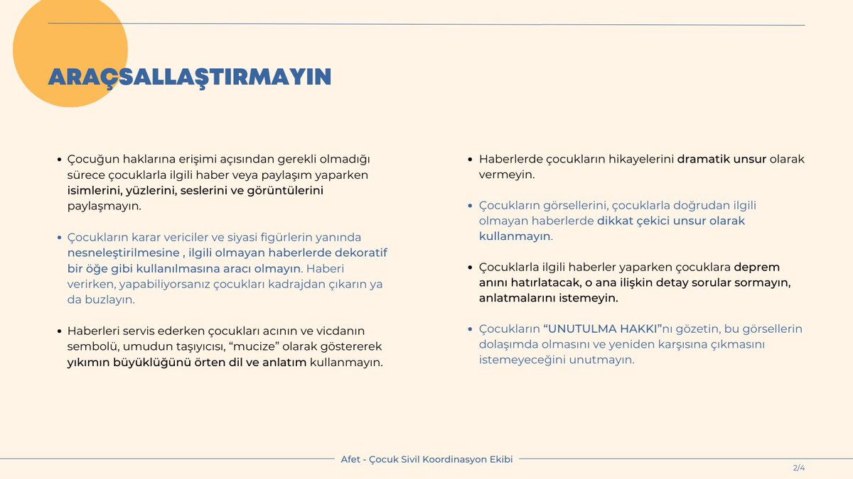 deniz_zayim's tweet photo. AFETLERDE ÇOCUK HAKLARININ YAŞAMA GEÇMESİ İÇİN MEDYAYA ÇAĞRI 📢 📢
✅ ARAÇSALLAŞTIRMAYIN
✅ ONAY ALIN
✅ DESTEKLEYİN
✅ ÖRNEK OLUN
Unutmayın,bunlara uymadığımızda çocukların hak ihlallerine yenisini eklemiş oluyoruz.
Bugünleri ancak dayanışma, umut ve sağduyuyla atlatabiliriz. https://t.co/8SmpYLbGI8