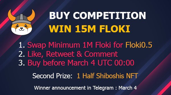 💰 Buy Competition 💰 
💸 Win 15 M Floki 💸

Slightly adjusted, previous entries still count

How:
1. Swap minimum 1M floki for floki0.5
2. Like, Retweet &amp; Comment this tweet
3. Buy before March 4

Buy Guide in Telegram:

t.me/HalfFlokiInuTo…

#floki #halffloki #shiba #DOGE