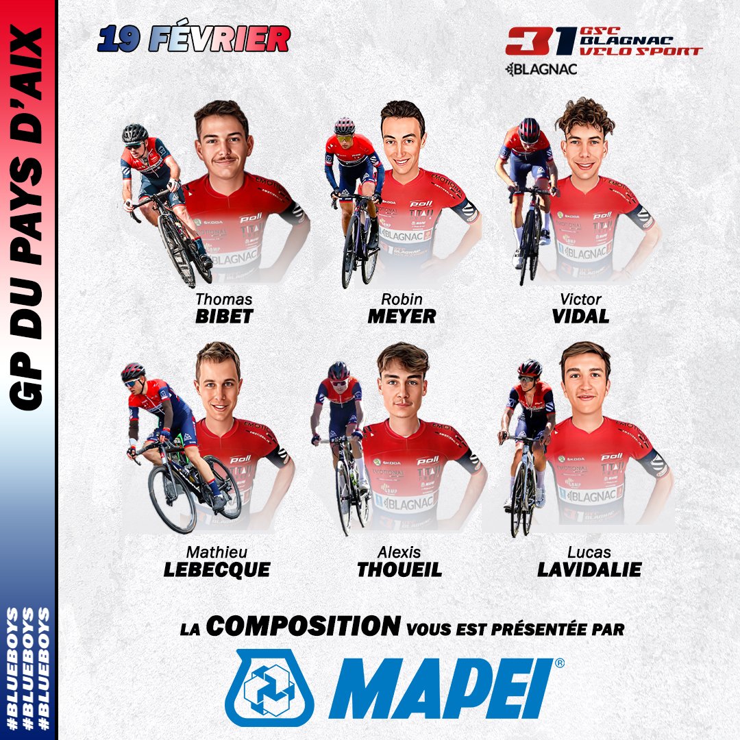 𝙂𝙍𝘼𝙉𝘿 𝙋𝙍𝙄𝙓 𝘿𝙐 𝙋𝘼𝙔𝙎 𝘿'𝘼𝙄𝙓

Aujourd'hui c'est la première manche de la Coupe de France N1. 🔵🔴

📃 Il faudra parcourir 138 km autour de Puyricard.

Voici les 6 BlueBoys qui prendront le départ de ce Grand Prix du Pays d'Aix. 

#bluebloys #GSC #blagnac #elite