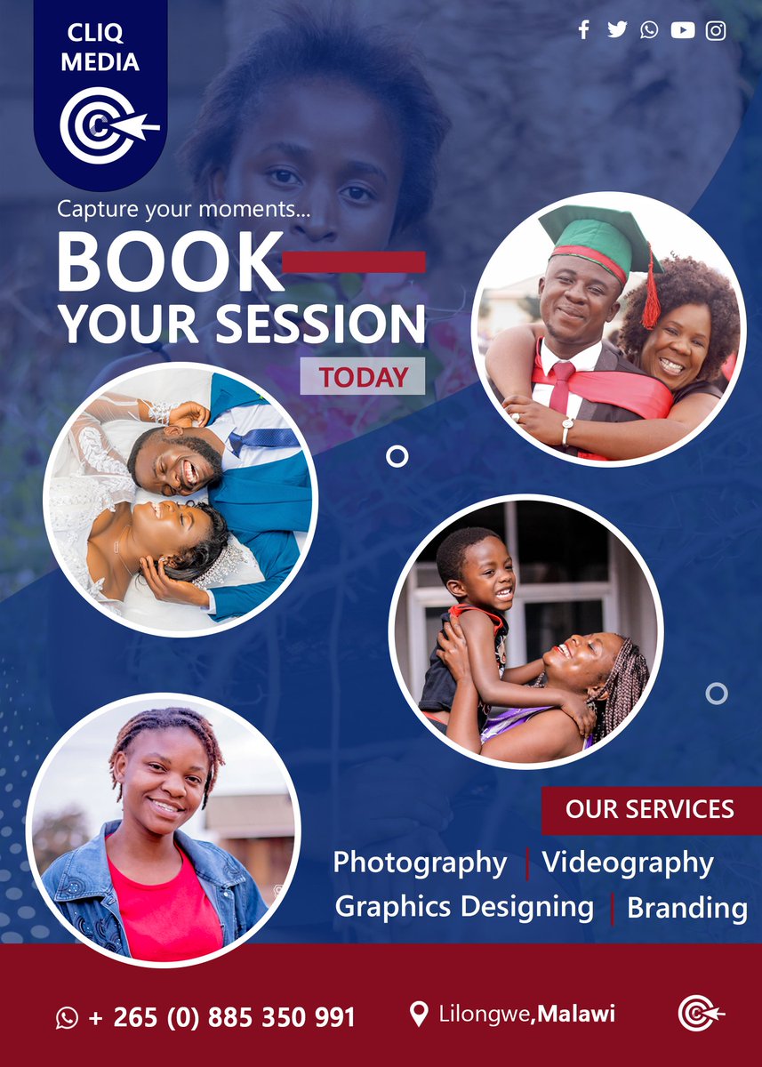 Book your Photoshoots & Videoshoots with us today. 📸📽️🎞️ @ CLIQMEDIA | Contact us on +265 885 350 991.  | RT🙏
#Photography #Videography #GraphicsDesigning #Lilongwe #Malawi #Trending #Retweet