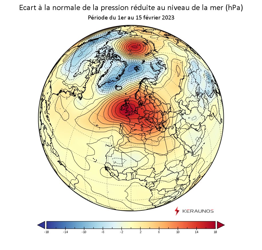 Record battu : jamais la pression moyenne durant une 1ère quinzaine de février n'avait été aussi élevée en France depuis au moins 75 ans. En cause, un puissant anticyclone quasi immobile calé entre France et Angleterre. Plus d'infos ici : 