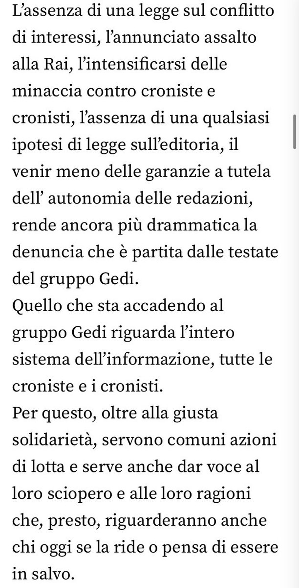 Grazie a @BeppeGiulietti e @Artventuno per la solidarietà verso le giornaliste e i giornalisti Gedi e la grande lucidità sulla questione più generale che riguarda tutti