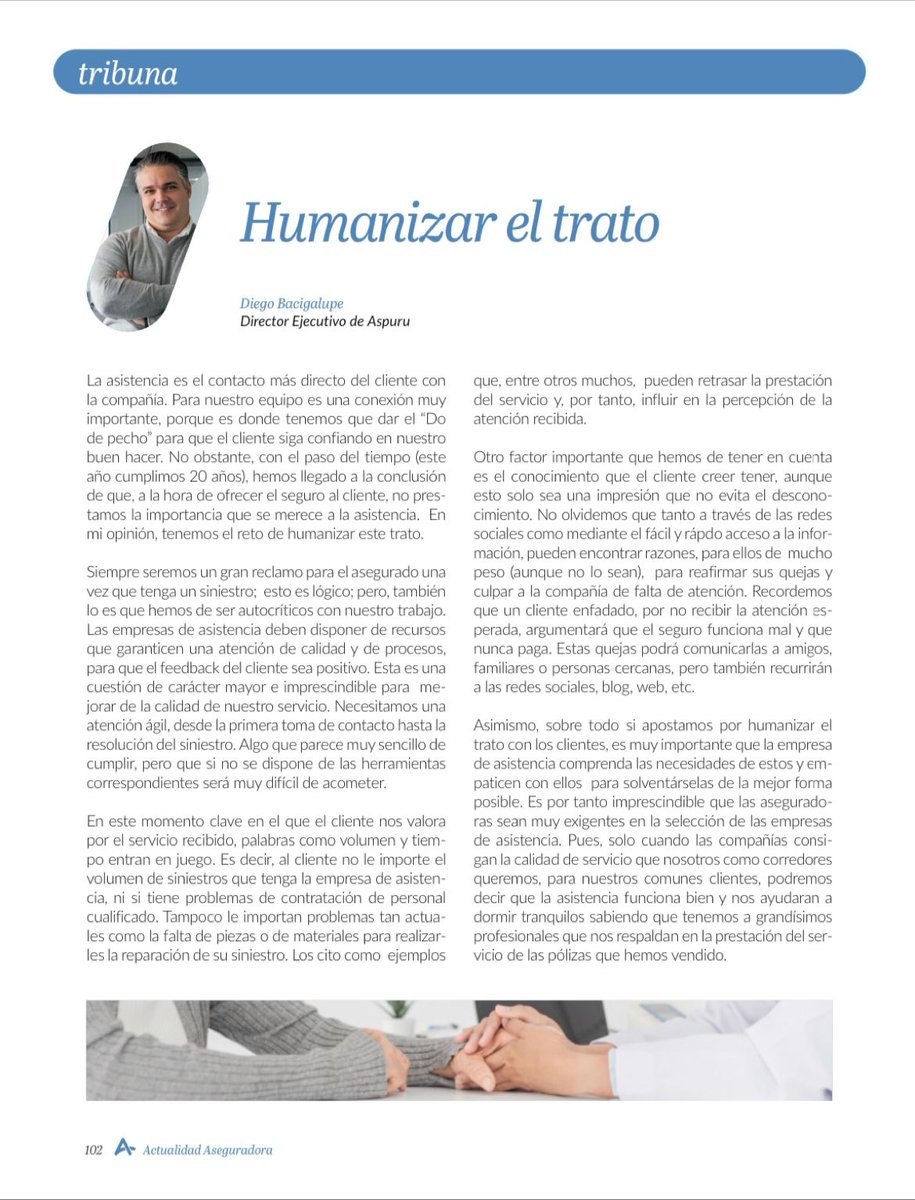 “Humanizar el trato”, por <a href="/diegobs82/">Diego Bacigalupe</a>, Director Ejecutivo de Aspuru.

Os compartimos la publicación y queremos agradecer a <a href="/Inese_seguros/">INESE</a> por compartir esta visión.

#seguros #actualidad #noticia #clientes #aseguradoras #trabajo #equipo #humano #personas