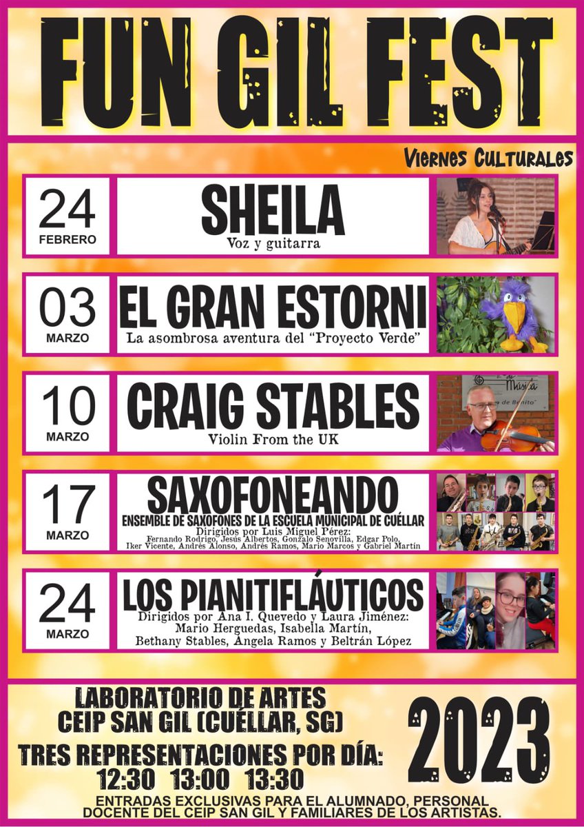 FUN GIL FEST ¡Vuelven los #viernesculturales al San Gil!¡Cartelón para esta 2ª edición del #FunGilFest ! 🎼🎻🎺Tres pases por día 12:30,13:00 y 13:30 #RadioYMúsicaSanGil #LaboratoriodeArtes #BibliotecadelFuturo #CentrosEducacyl