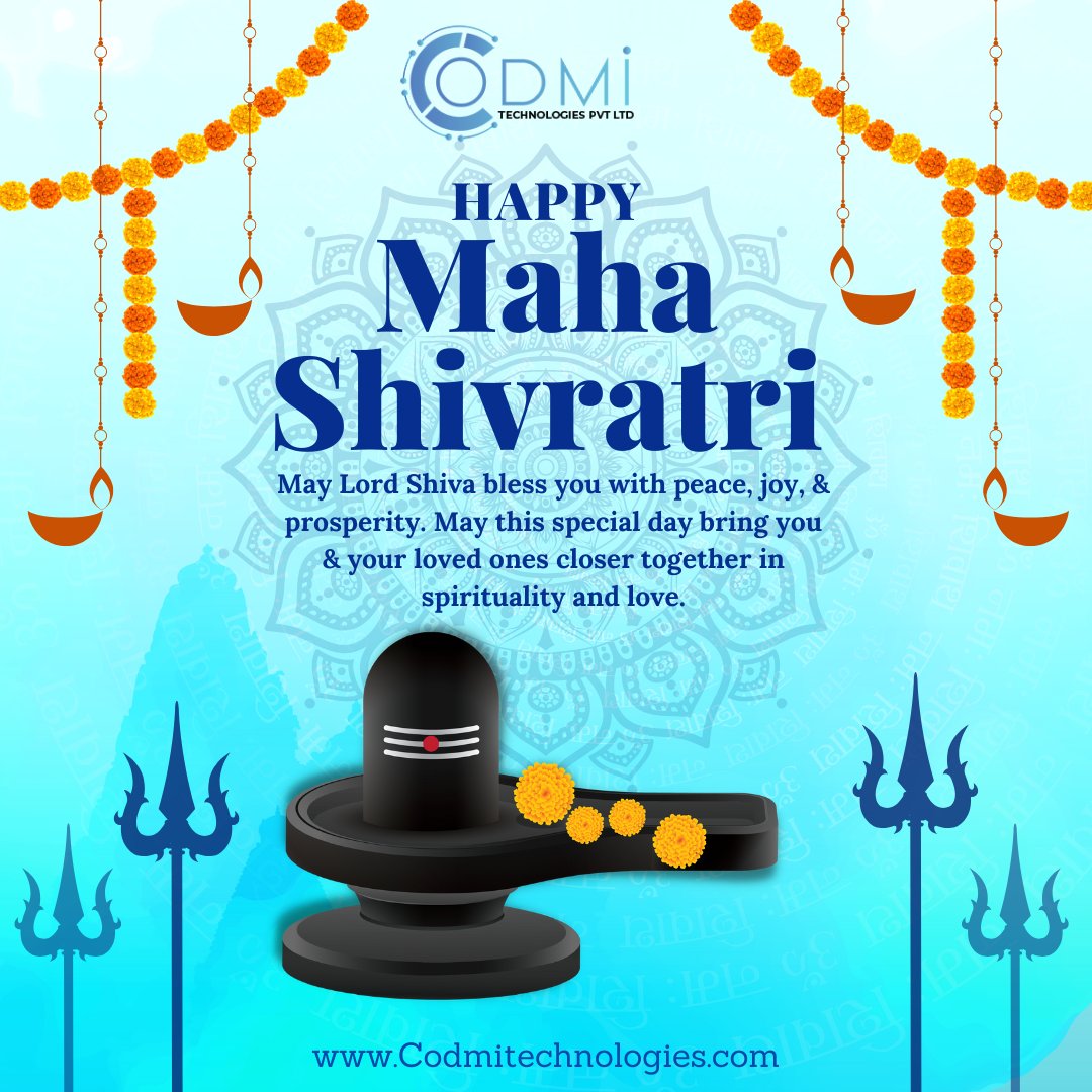 Codmitech's tweet photo. May Lord Shiva bless you with peace , joy &amp; prosperity . May this special day bring you and your loved ones closer together in spirituality and love . 

#shivratri #shivratri2023 #jaibholenath #blessed #love #codmitechnologiespvtltd https://t.co/Rvr9bkESGt
