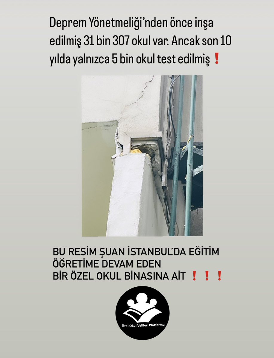 Sayın <a href="/prof_mahmutozer/">Mahmut Özer</a> Ülkemizdeki resmi ve özel okulların deprem yönetmeliğine uygun olup olmadığı, güçlendirme ihtiyacının bulunup bulunmadığı hususunda veliler olarak endişeliyiz ve bu konuda alınacak tedbirlerle ilgili bir açıklama bekliyoruz❗️<a href="/aydinagaoglu/">Aydın Ağaoğlu (DM KAPALI)</a> <a href="/tcmeb/">Millî Eğitim Bakanlığı</a> <a href="/tcbestepe/">T.C. Cumhurbaşkanlığı</a>