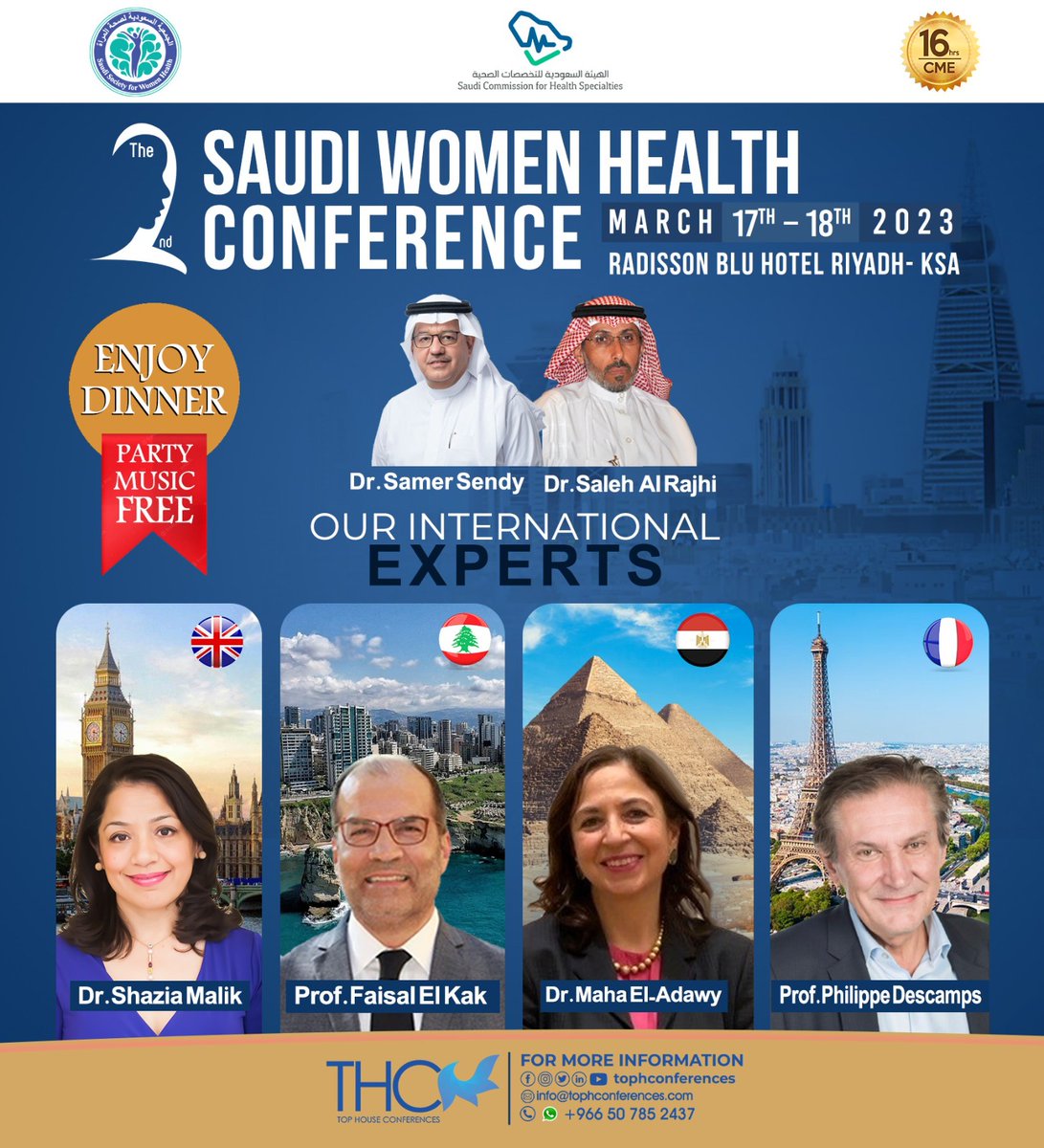 سجل الان !! بالمؤتمر السعودي الثاني لصحة المرأة بتاريخ ١٧-١٨ مارس بفندق راديسون بلو الرياض 
معتمد بواقع ١٦ ساعة علمية
للتسجيل tophconferences.com/swhc/
لمزيد من المعلومات ٠٥٠٧٨٥٢٤٣٧
#SSWH